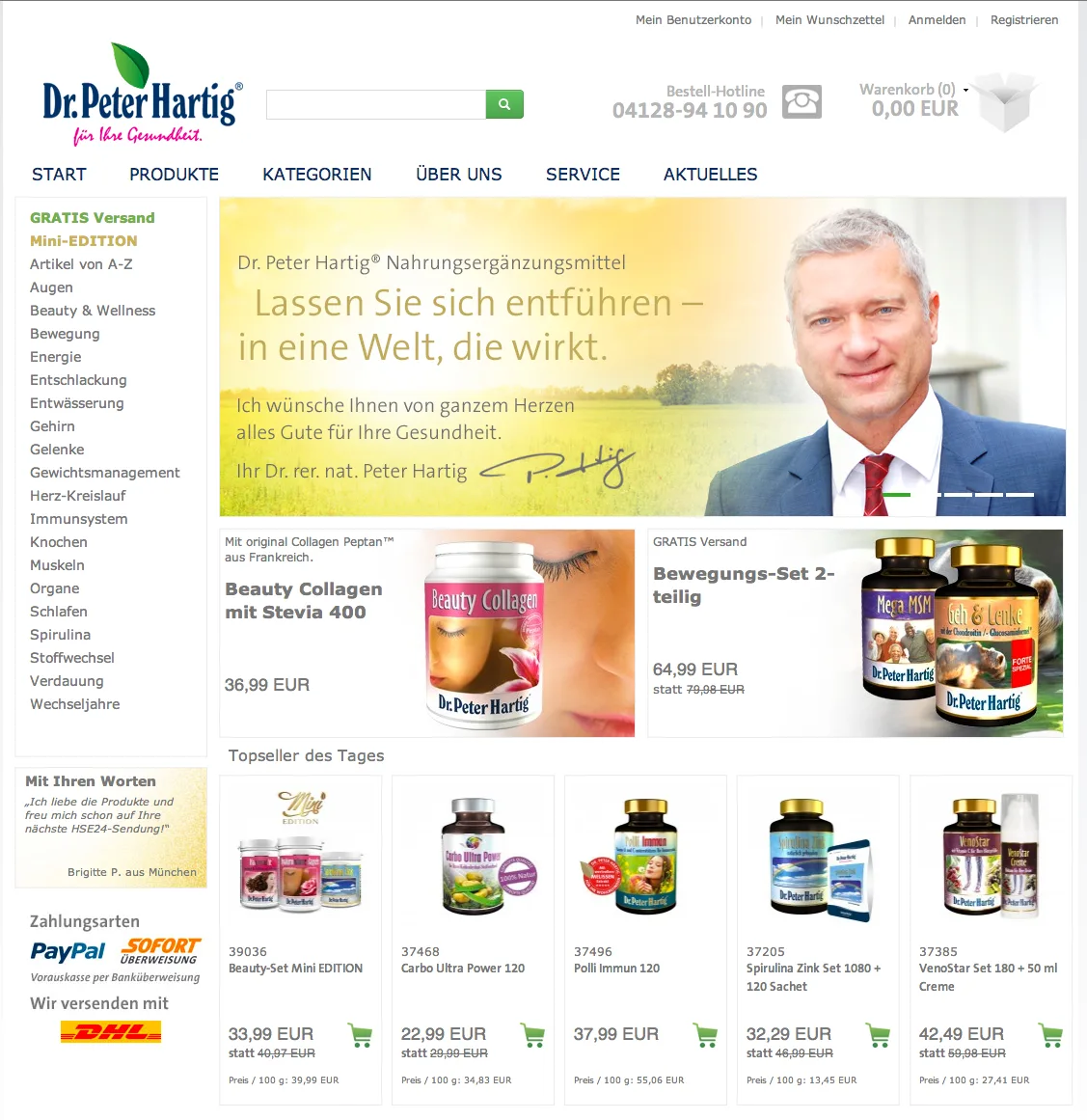 Webseite von Dr. Peter Hartig mit Nahrungsergänzungsmitteln und Mann im Anzug
